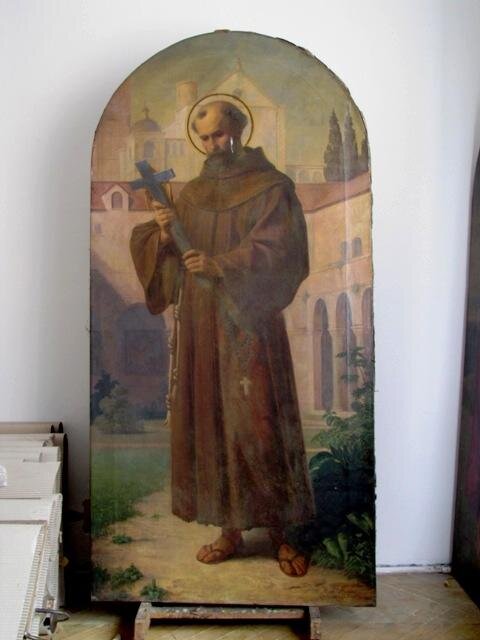 Oltářní obraz Sv. Františka z kostela Sv. Václava a Leopolda v Kladrubech nad Labem, stav před restaurováním 