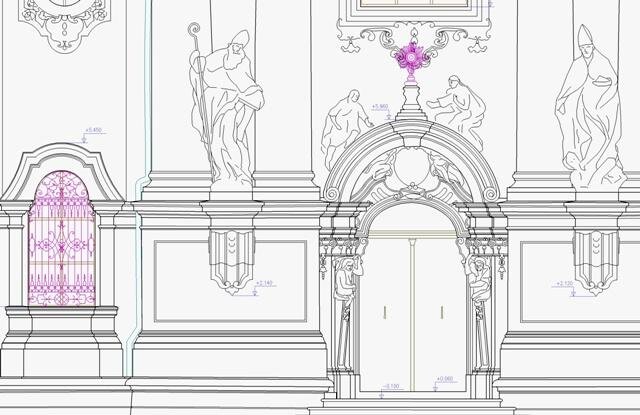 Detail fasády kostel sv. Mikuláše | CePT - Geodetické služby a GIS - Ing. Jana Štronerová, PhD. | Všechna práva vyhrazena