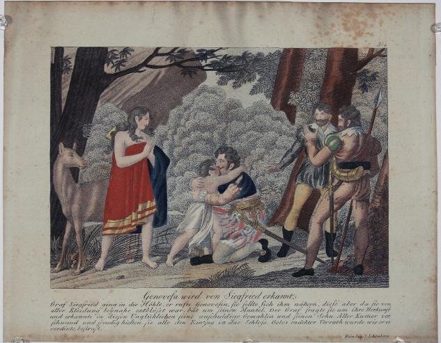Jenovefa wird von Siegfried erkannts – kolorovaná litografie – Johann Schönberg (nedatováno, přibližně 1. pol. 19. st.) soukromá sbírka, stav před restaurováním | Foto: Irena Homolová | Všechna práva 