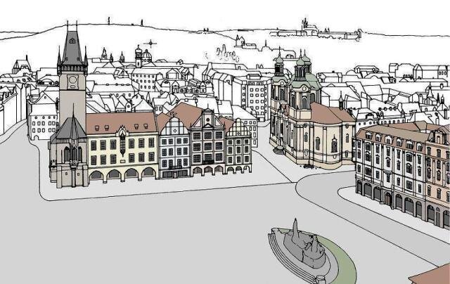 Návrh na dostavbu Staroměstského náměstí - pohled z věže Týnského chrámu | Ing. Jiří Stratil | Všechna práva vyhrazena