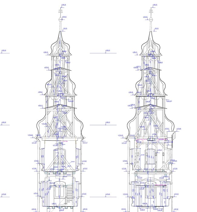 Žibřidice u Jablonného v Podještědí, kostel sv. Šimona a Judy – Ukázka práce: svislé řezy bání kostelní věže | Foto: Vojtěch Černý, DiS. | Licence: Všechna práva vyhrazena