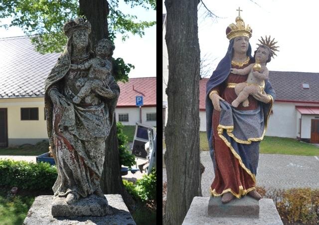Žirovnice, kamenná socha Panny Marie se sloupem – komplexní restaurování včetně polychromií, pozlacení a doplnění svatozáří a atributů | MgA. Jan Prokýšek | Všechna práva vyhrazena