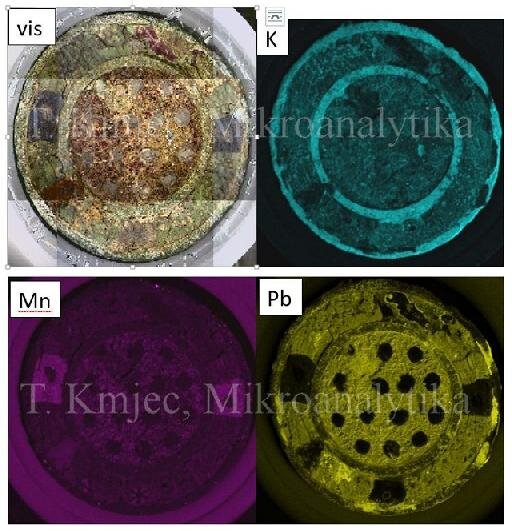 Příklad prvkového mikroXRF mapování historického artefaktu (vis – viditelné světlo, K – poměrné zastoupení draslíku, Mn – manganu, Pb – olova) | Foto: Tomáš Kmječ | Všechna práva vyhrazena