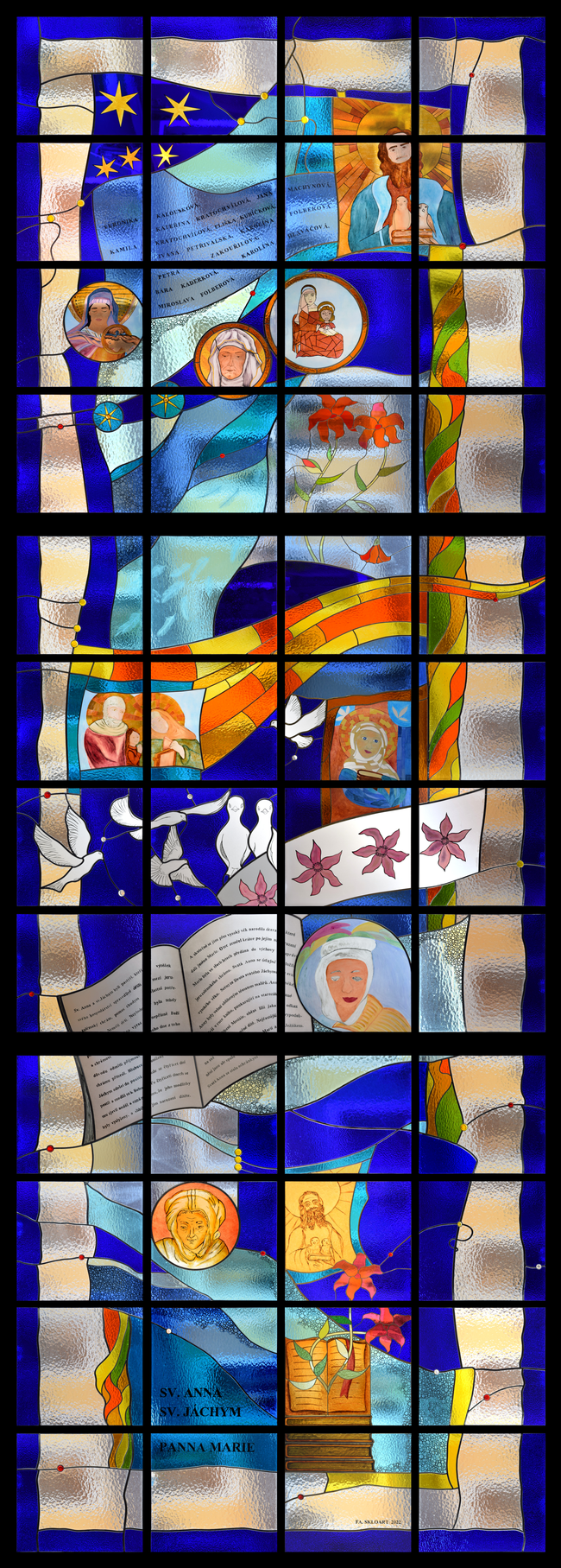 Postoloprty, městské nájemní domy U sv. Jáchyma a U sv. Anny – vytvořená vitráž ve spolupráci s dětmi ze ZUŠ v Postoloprtech; pro dům vytvořeno více vitráží | © Archiv Jitky a Richarda Kantových