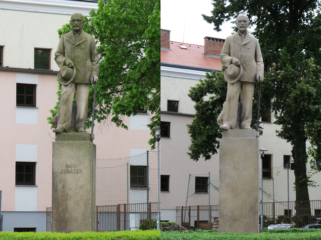 Nový Bydžov, socha Aloise Jiráska – restaurování sochy od Karla Samohrda, stav před a po | © Kateřina Šibravová