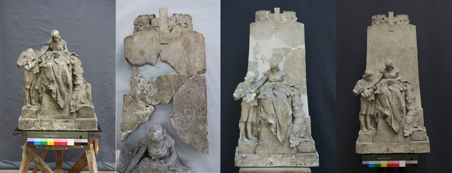 Prostějov, pomník na městském hřbitově – restaurování sádrové funerální plastiky návrhu náhrobku Karla Vojáčka od Stanislava Suchardy | © Kateřina Šibravová