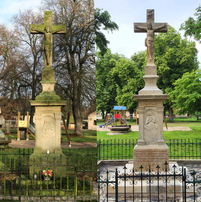 Kosice u Chlumce nad Cidlinou, kamenný kříž – restaurování návesního kříže, stav před a po  | © Kateřina Šibravová