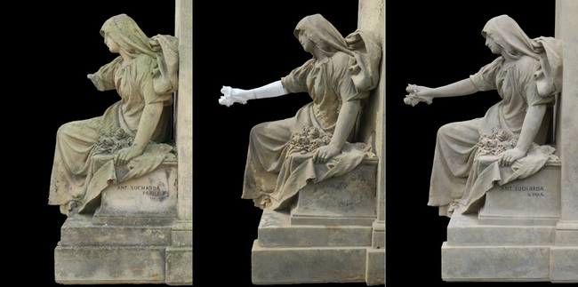 Lány na Důlku, hřbitov – detail průběhu restaurování kamenného náhrobku od Antonína a Stanislava Suchardových | © Kateřina Šibravová