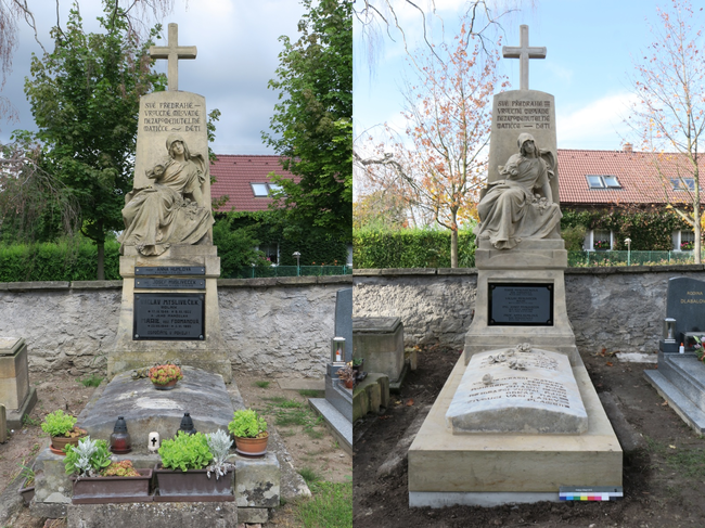 Lány na Důlku, hřbitov – restaurování kamenného náhrobku od Antonína a Stanislava Suchardových, stav před a po | © Kateřina Šibravová