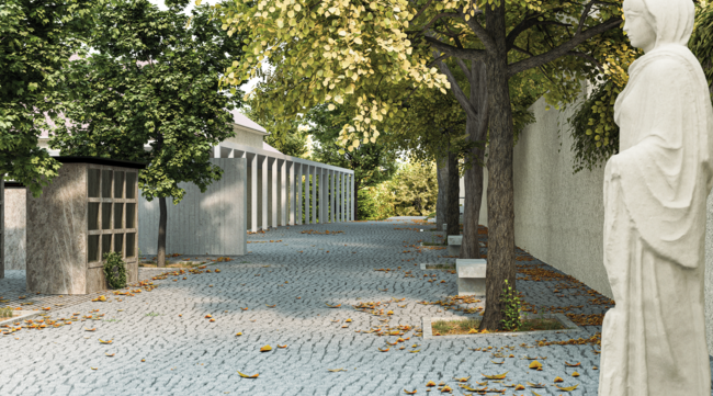 Prachatice, vstupní prostor hřbitova – vizualizace: architektonicko-dopravní studie (2024, spolupráce s Jih-architekti) | © Ateliér Za Mák