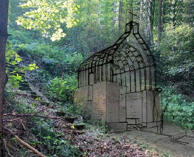 Tematický návrh od Ing. arch. Štěpána Tylše k nové podobě kaple, avšak nakonec bude kaple vrácena do původní cihlové podoby | Foto: FONS VIVUS – Živý pramen, z. s. | Licence: Všechna práva vyhrazena