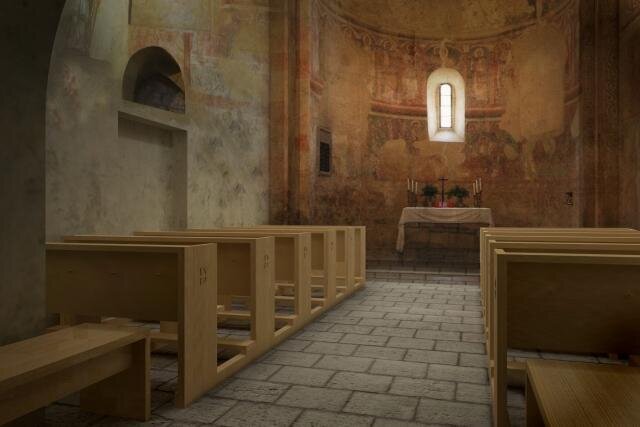 Návrh lavic do románského kostela sv. Jakuba v Rovné  | Ing. arch. Tomáš Kocourek, architektonický atelier KO-A | Všechna práva vyhrazena