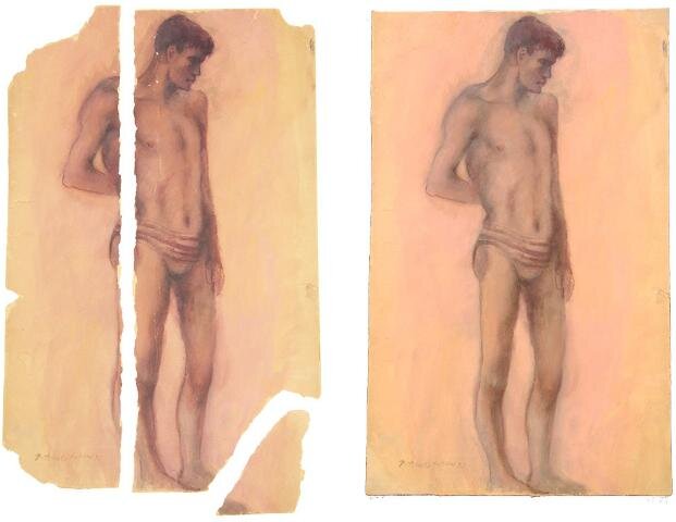 Pavel Tchelitchew, figura chalpce, 1931, kresba křídou na kartonu, 45x30cm, stav před a po restaurování | Ondřej Zatloukal | Všechna práva vyhrazena