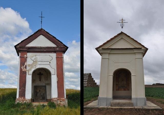 Žirovnice, kaplička – komplexní restaurování včetně obnovy šindelové střechy, zhotovení kopie vrcholového kříže a odkryvu a restaurování nástěnných maleb | MgA. Jan Prokýšek | Všechna práva vyhrazena