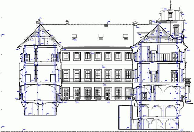 Toskánský palác - stavební zaměření - svislý řez | Architektonické a geodetické měření - Ing. Jiří Chmelíř | Všechna práva vyhrazena