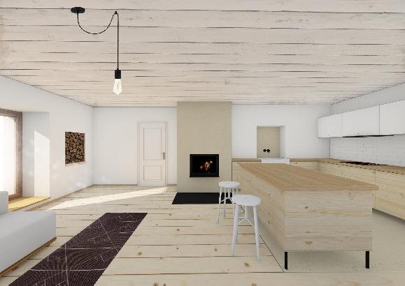 Lásenice, návesní zděný statek z 19. století – projektová vizualizace interiéru | Foto: Ing. arch. Zuzana Ficalová | Licence: Všechna práva vyhrazena