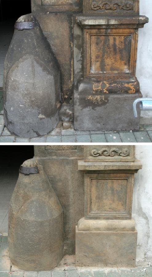 Prostějov, Onšův dům - detail pravé paty portálu, kde došlo k výměně kamenného kvádru za nový – stav před a po restaurování. | Foto: MgA. Pavla Jandová | Všechna práva vyhrazena