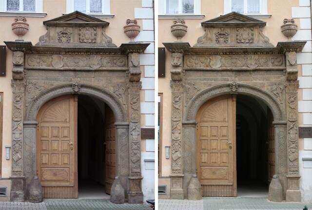 Prostějov, Onšův dům - stav před a po restaurování kamenného renesančního portálu | Foto: MgA. Pavla Jandová | Všechna práva vyhrazena