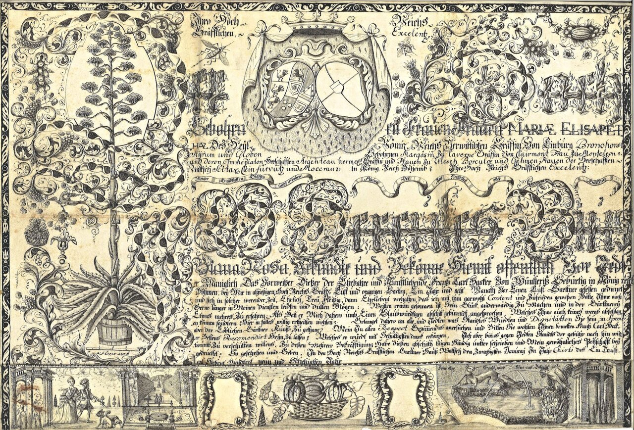 Listina je výučním listem zahradníka Franze Karla Hackera, jenž na zámku působil pod vedením hlavního zahradníka Hercula Pia Biany Rosy. | © Národní památkový ústav