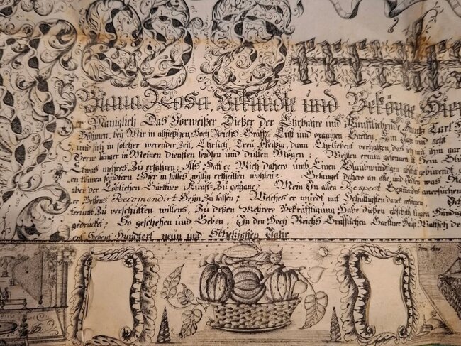 Dokument má bohatou ornamentální výzdobu s botanickými motivy. Odkazuje na zahradnické řemeslo i na pěstování exotických rostlin. | © Národní památkový ústav