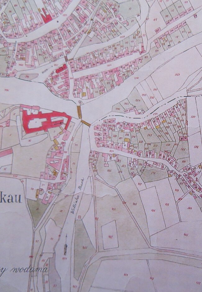 Soutok Otavy a Volyňky v centru Strakonic na císařských otiscích, historické mapě vytvořené v letech 1764–1768. | © Archiv Miroslava Špeciána