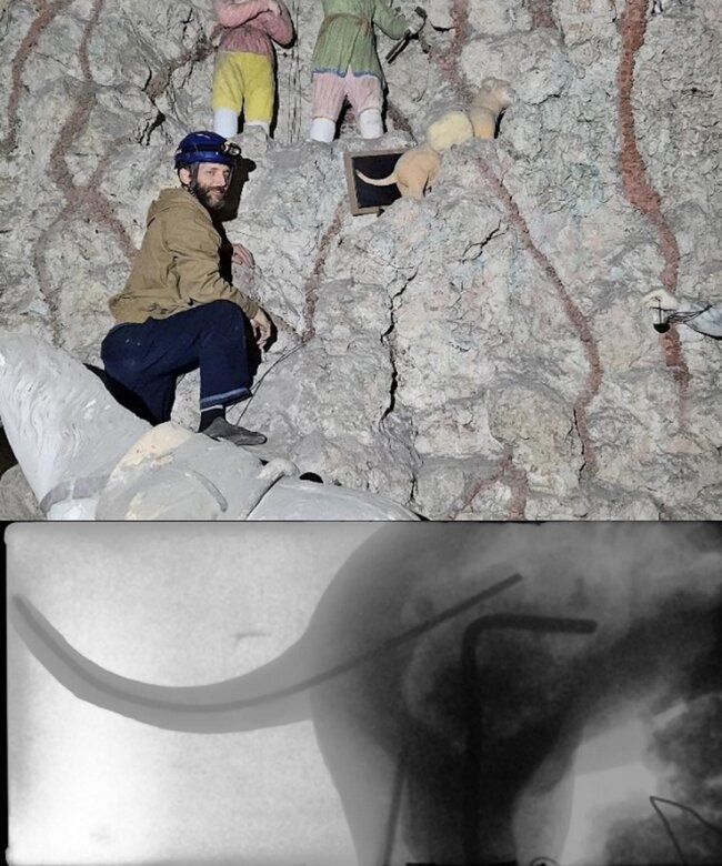 RTG snímek detailu napojení ocasu psa v Důlní grottě naznačuje z nepropojení armování, že by základem těla mohl být dřevěný blok, do kterého jsou kovové části zakotveny. | © Arcibiskupství olomoucké