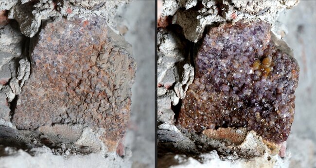 Kroměříž, Arcibiskupský zámek, Apollonova grotta –⁠⁠⁠⁠⁠⁠ stav ametystu před očištěním a po očištění | © Arcibiskupství olomoucké