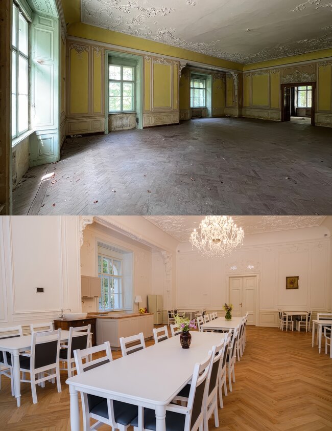 Chodová Planá, zámek – srovnávací snímek prostoru jídelny před a po rekonstrukci | © Archiv Sdružení historických sídel Čech, Moravy a Slezska a Patrik Šimr