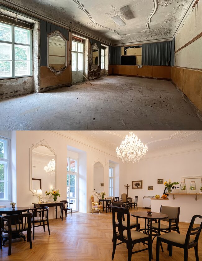 Chodová Planá, zámek – srovnávací snímek prostoru kavárny před a po rekonstrukci | © Archiv Sdružení historických sídel Čech, Moravy a Slezska a Patrik Šimr