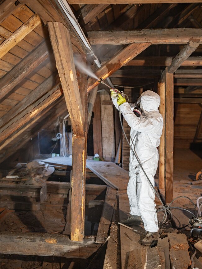 Ukázka činnosti pracovníků společnosti při sanaci historických krovů – závěrečný impregnační nástřik proti škůdcům | © Archiv KS Sankro, s.r.o.