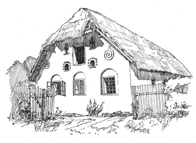 Perokresba lidového domu s doškovou střechou od architekta a odborníka na lidovou architekturu Svatopluka Voděry | © Archiv Fakulty architektury ČVUT
