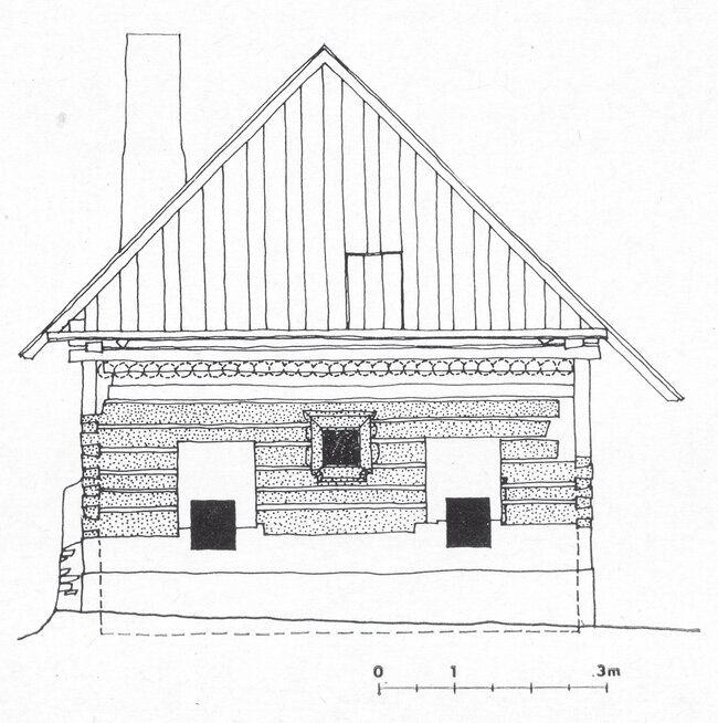 Rekonstrukční výkres štítového průčelí Hamousova statku ve Zbečně od Jiřího Škabrady | © Archiv Fakulty architektury ČVUT