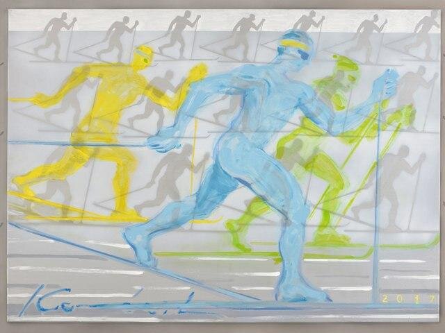Ivan Komárek, Padesátá padesátka, 2017, akryl, plátno a prostorové siluety, 245 × 105 cm, soukromá sbírka