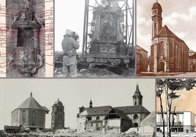 Mozaika fotografií zaniklých památek Mostu (výřez z výstavního plakátu)