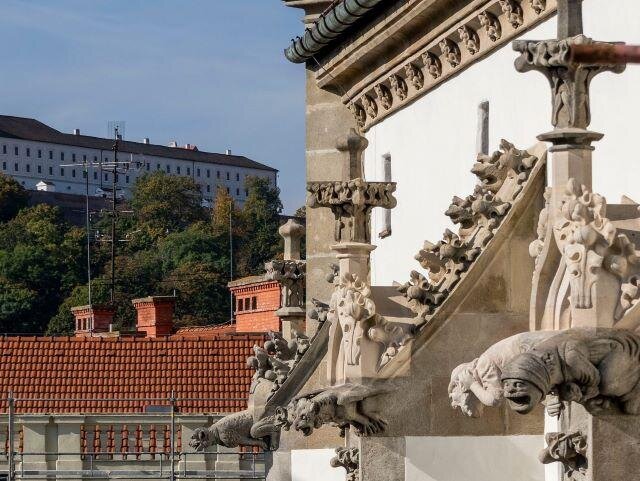 Zrestaurované kamenné chrliče, v pozadí hrad Špilberk