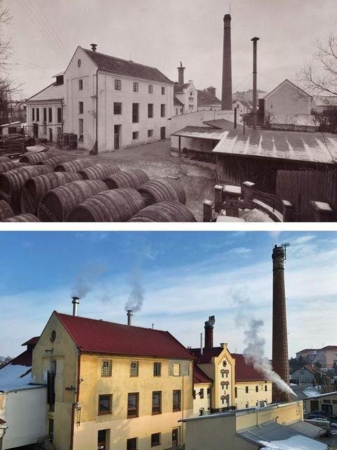 Proměny pivovaru v Dobrušce: areál v roce 1936 a 2019