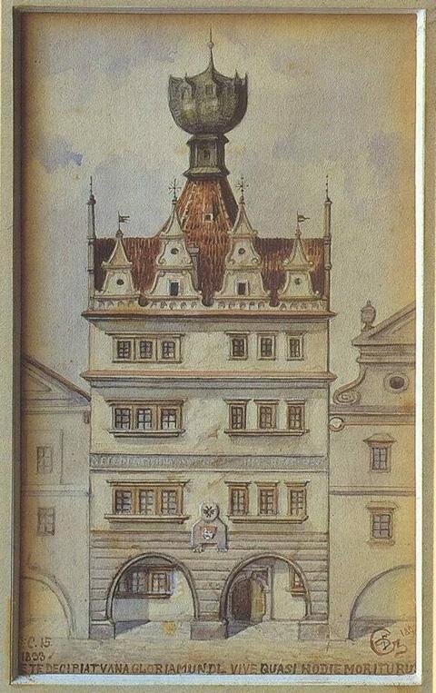 Kolorovaná perokresba Carl Czepelaka z roku 1892, podoba před renovací v letech 1830–1835