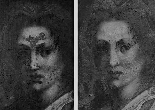 Dva snímky v ultrafialovém osvětlení, kde se restaurátorské zásahy projevují jako tmavá místa. Vlevo stav před restaurováním, vpravo současný stav.