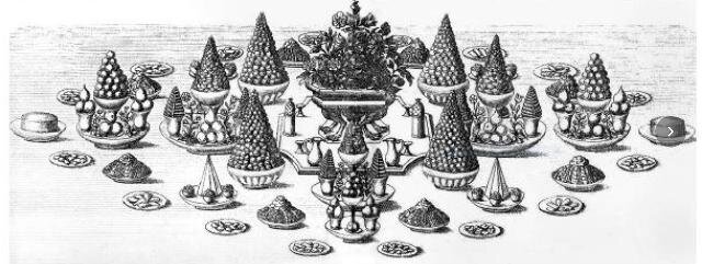 Stůl na Konopišti byl inspirován rytinou z kuchařky francouzského královského šéfkuchaře Françoise Massialota z roku 1715.