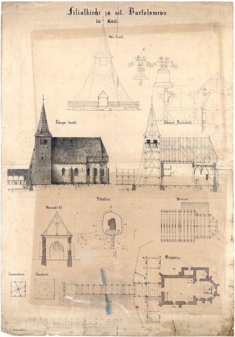 Kočí, kostel sv. Bartoloměje, F. Schmoranz st., fasády, řezy, půdorys, celková situace, krovy a zvony, 1859