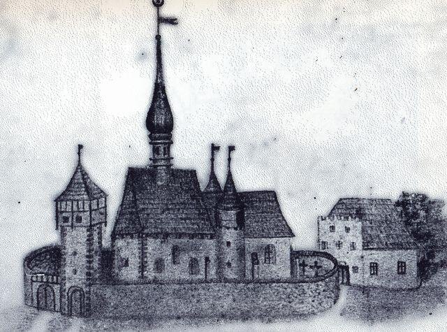 Kresba kostela sv. Prokopa na titulní straně loštické matriky z roku 1660