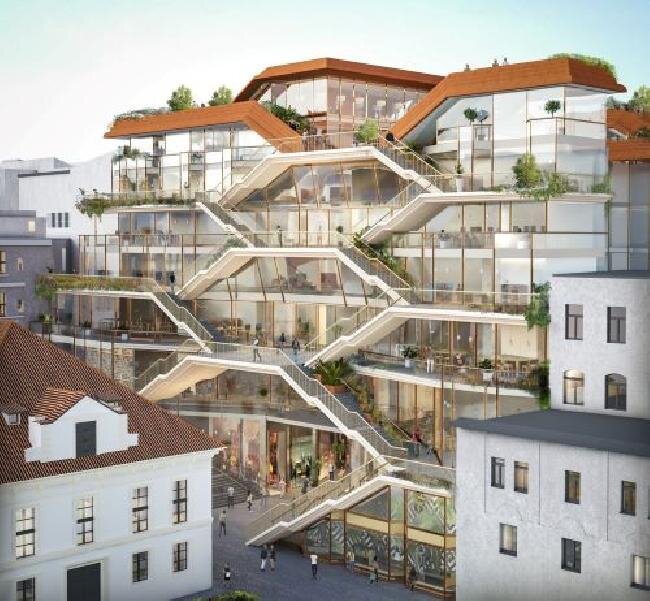 Hlavní město Prahu reprezentuje komplex Savarin od britského studia Thomase Heatherwicka.