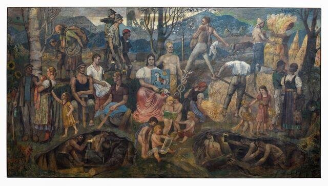 Vilém Wünsche, Alegorie Ostravy, 1927, olej, plátno, 250 x 420 cm. Obraz je umístěn v hotelu Brioni v Ostravě. Soukromá sbírka