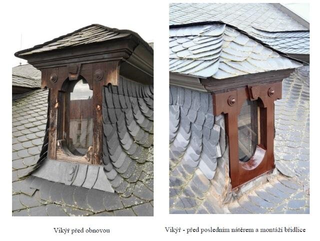 Vikýř před obnovou a vikýř před posledním nátěrem a montáží břidlice
