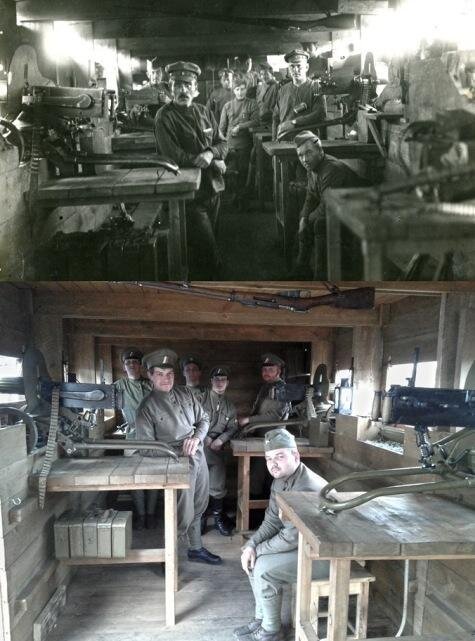 Legionáři na dobové fotografii a pod nimi nadšenci vojenské historie