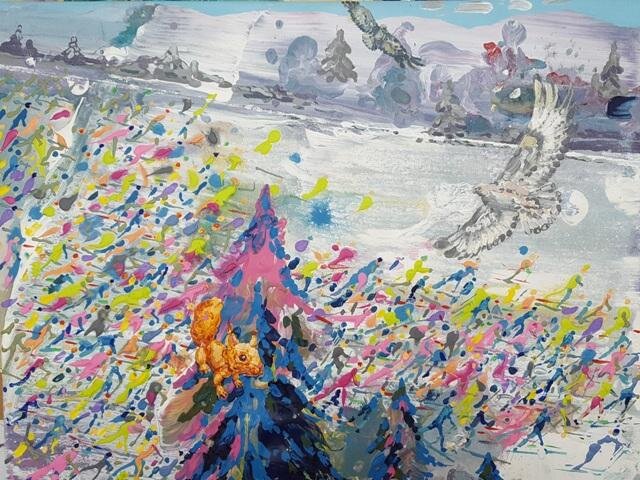 Michael Rittstein, Start, 2017, olej, plátno, 100 × 80 cm, soukromá sbírka