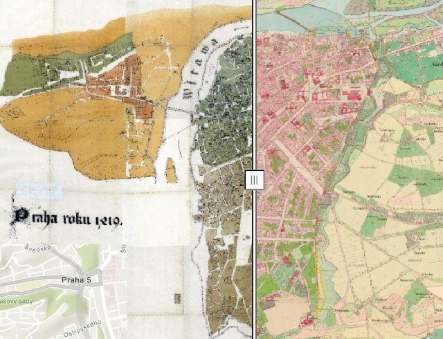 Tomkův plán Prahy zobrazující sídlo v roce 1419 a vpravo odkrytý stabilní katastr z roku 1842