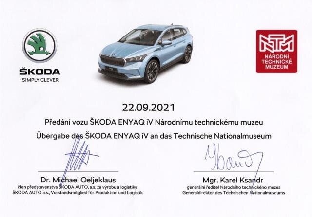 Certifkát předání vozu ŠKODA ENYAQ iV