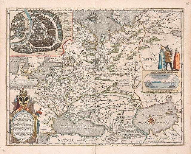 Mapa Ruska s vedutou Archangelsku a plánem Moskvy