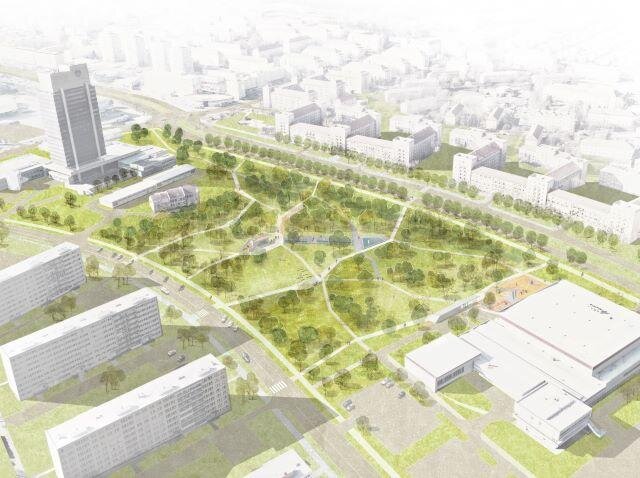 Vítězný návrh vizualizace parku Střed od týmu architektů a krajinářů z ateliérů Tilla Rehwaldta a Patrika Hoffmana